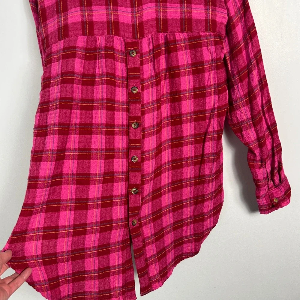Anthropologie Isadora Pink Button Back Plaid Tunic Top Womens Size Small Popover - Picture 6 of 16